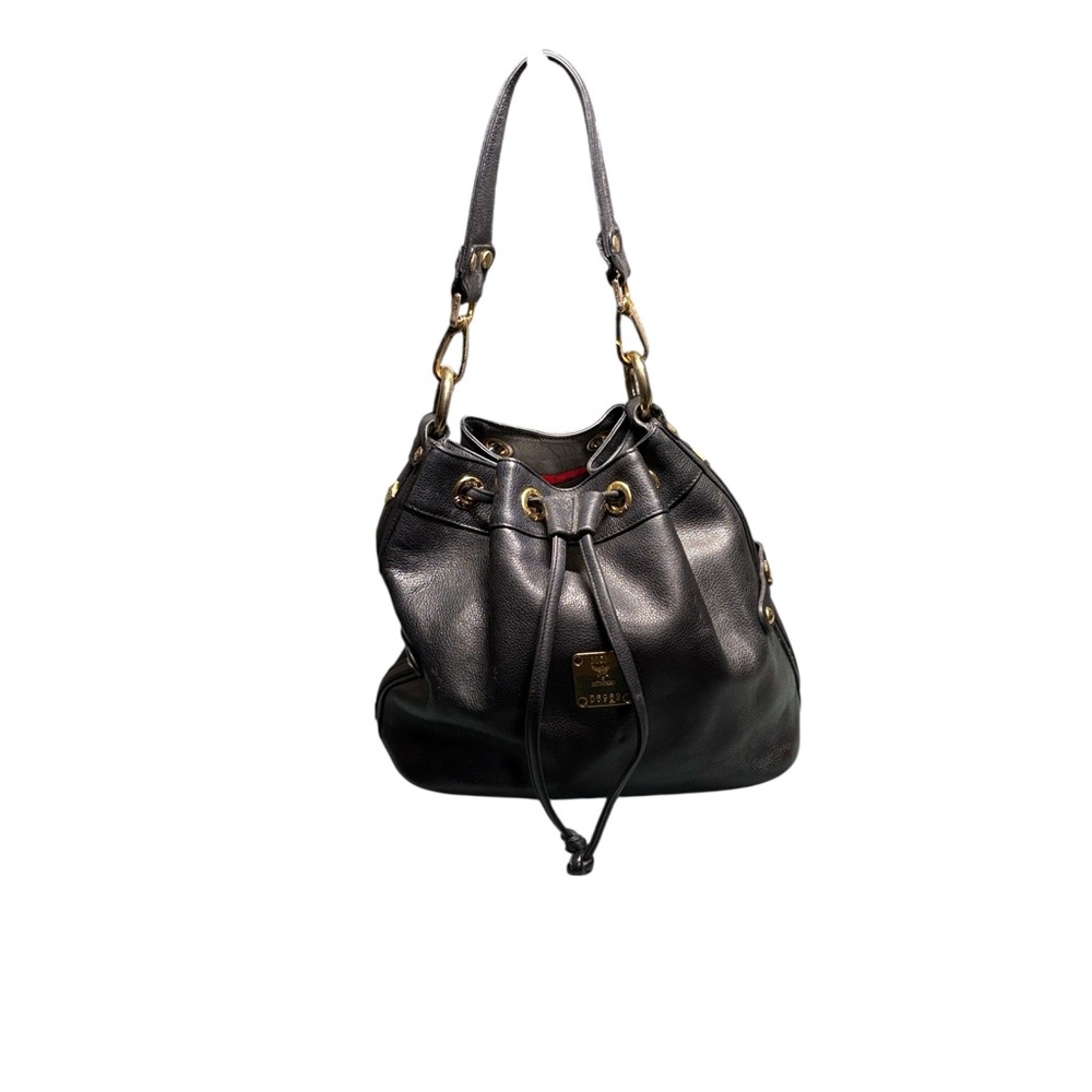 MCM Munich Black Pebbled Leather Bucket Bag Drawstring Shoulder Bag